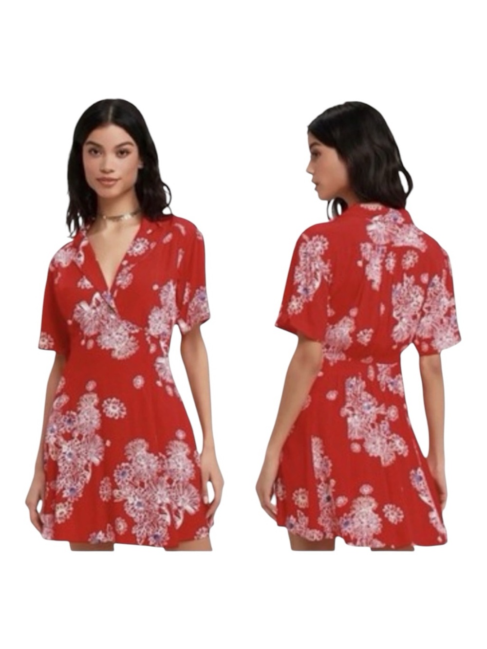 Free People Blue Hawaii Red Floral Print Boho Mini Dress Size L